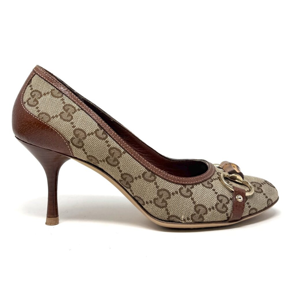 Gucci Monogram Brown Canvas Pumps Bamboo Bit Heels Size 8 Classic Designer - Picture 3 of 10